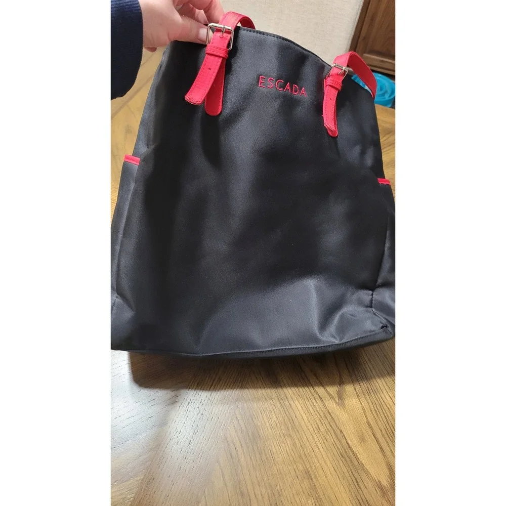 Escada Black with Red Trim Tote Bag Embroidered Logo Shoulder Shopper Purse